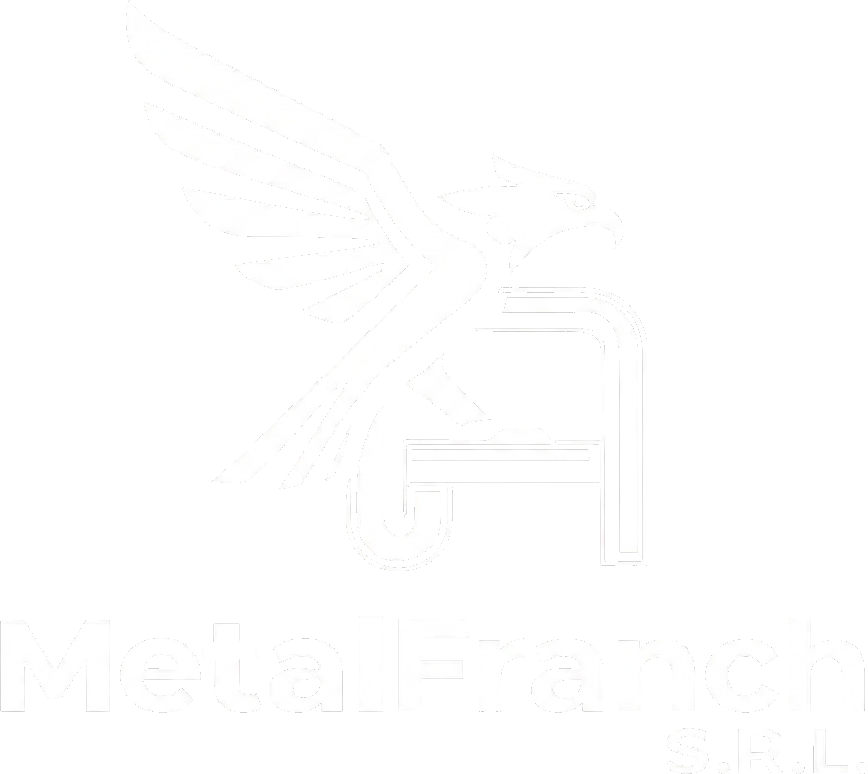 Logotipo de Metal-Franch, fábrica de muebles de caño. Un grifo blanco posado sobre una estructura tubular metálica.